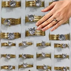 Toptan Gold Tektaş Çelik Yüzük - 316L Altın Kaplama Lüks Modeller