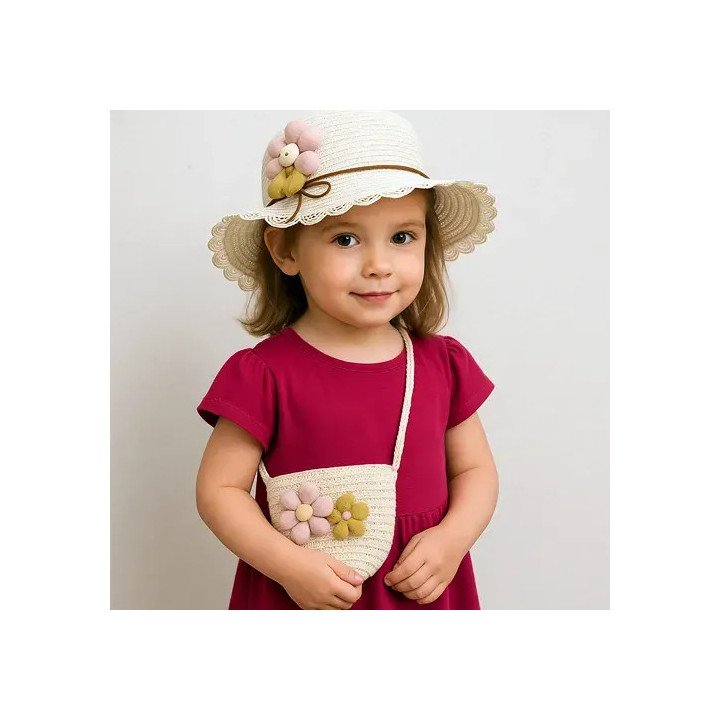 Toptan Kız Çocuk Şapka ve Çanta Seti - Yazlık Hasır Model, Renk Seçenekli