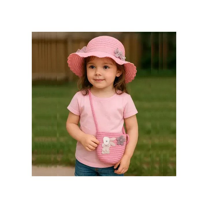 Toptan Kız Çocuk Şapka ve Çanta Seti - Yazlık Hasır Model, Renk Seçenekli