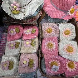 Toptan Kız Çocuk Şapka ve Çanta Seti - Yazlık Hasır Model, Renk Seçenekli