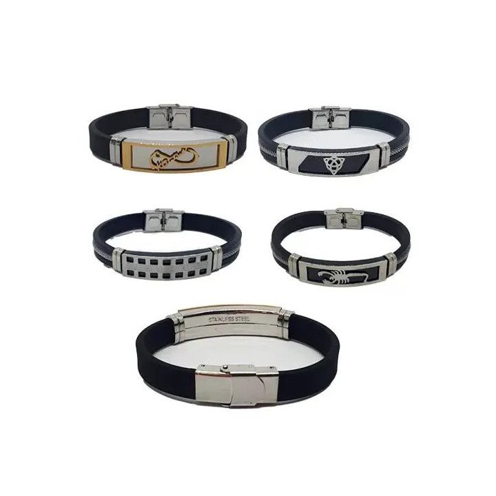 Toptan Kauçuk Kayışlı Karışık Desenli Çelik Bileklikler