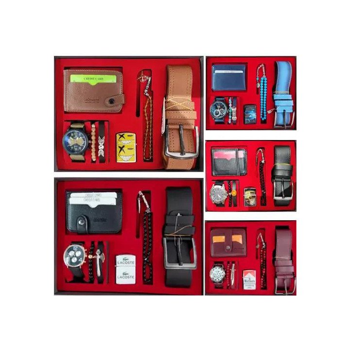 Toptan 7’li Erkek Kombin Saat Seti | Hediye Kutulu Aksesuar